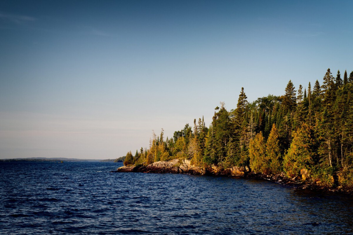The rugged shoreline of Isle Royale National Park, as seen from the Rock Harbor docks.