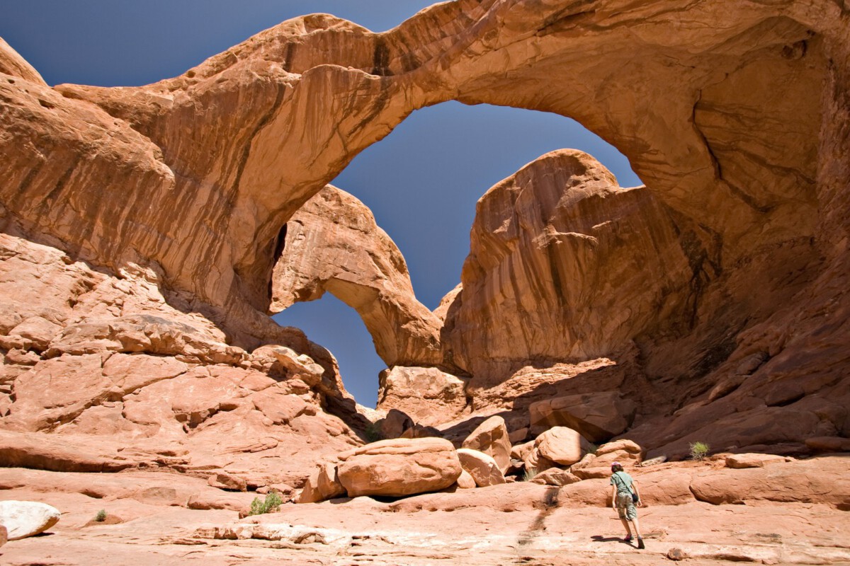 Double Arch, a close-set pair of arches located in Arches National Park in Utah, USA.