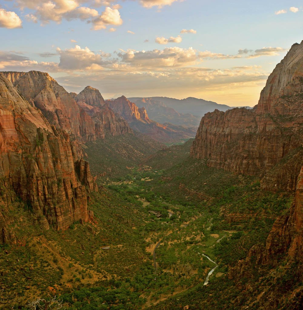 Zion Canyon at sunset in Zion National Park as seen from Angels Landing looking south.